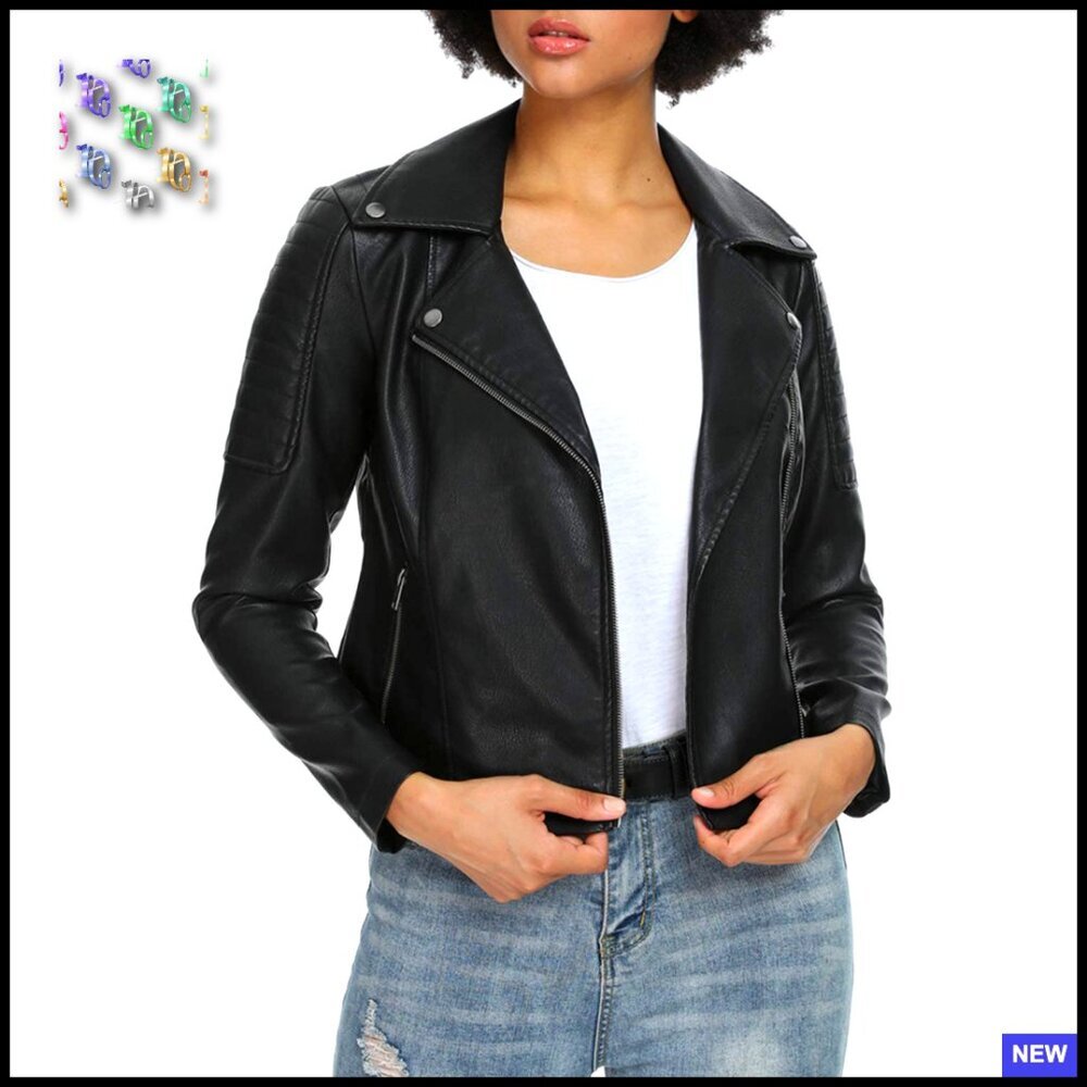 Faux Leather Moto Jacket Slim Fit Zip Up Biker Style Classic Chic Outerwear